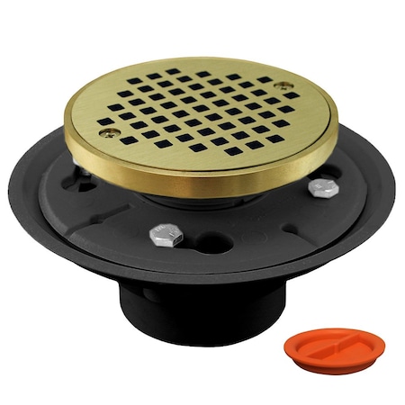 Jones Stephens 2inX3in PVC Shower Drain, 2in Metal Spud, 4in Round Polished Brass Cast Strainer, Grout Ring D50133TP